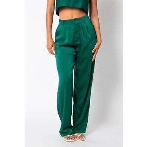 Olivacious Emerald Green Satin Wide Leg Pleated Trousers Pants L